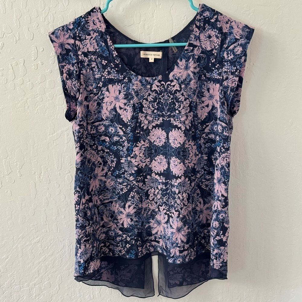Rebecca Taylor Kiku Silk Floral Print Split Hem Blouse Pink Blue Purple Size 4